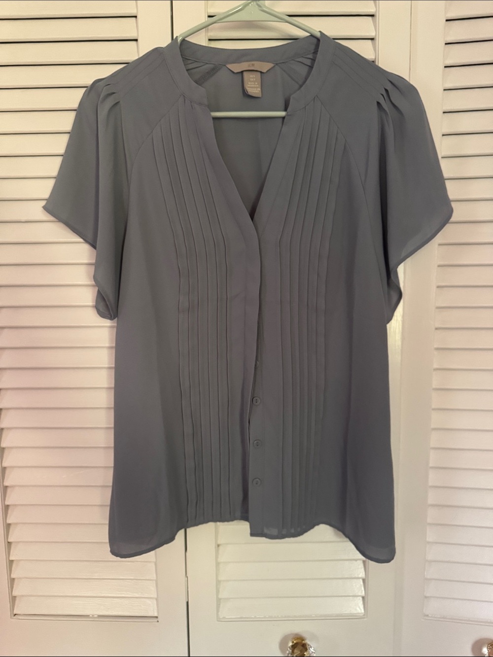 Pleated Front Short-Sleeve Blouse - Blue